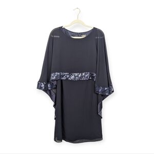 NWT Vince Camuto Navy Blue Sequin Trim Cape Sheath Dress Size 8